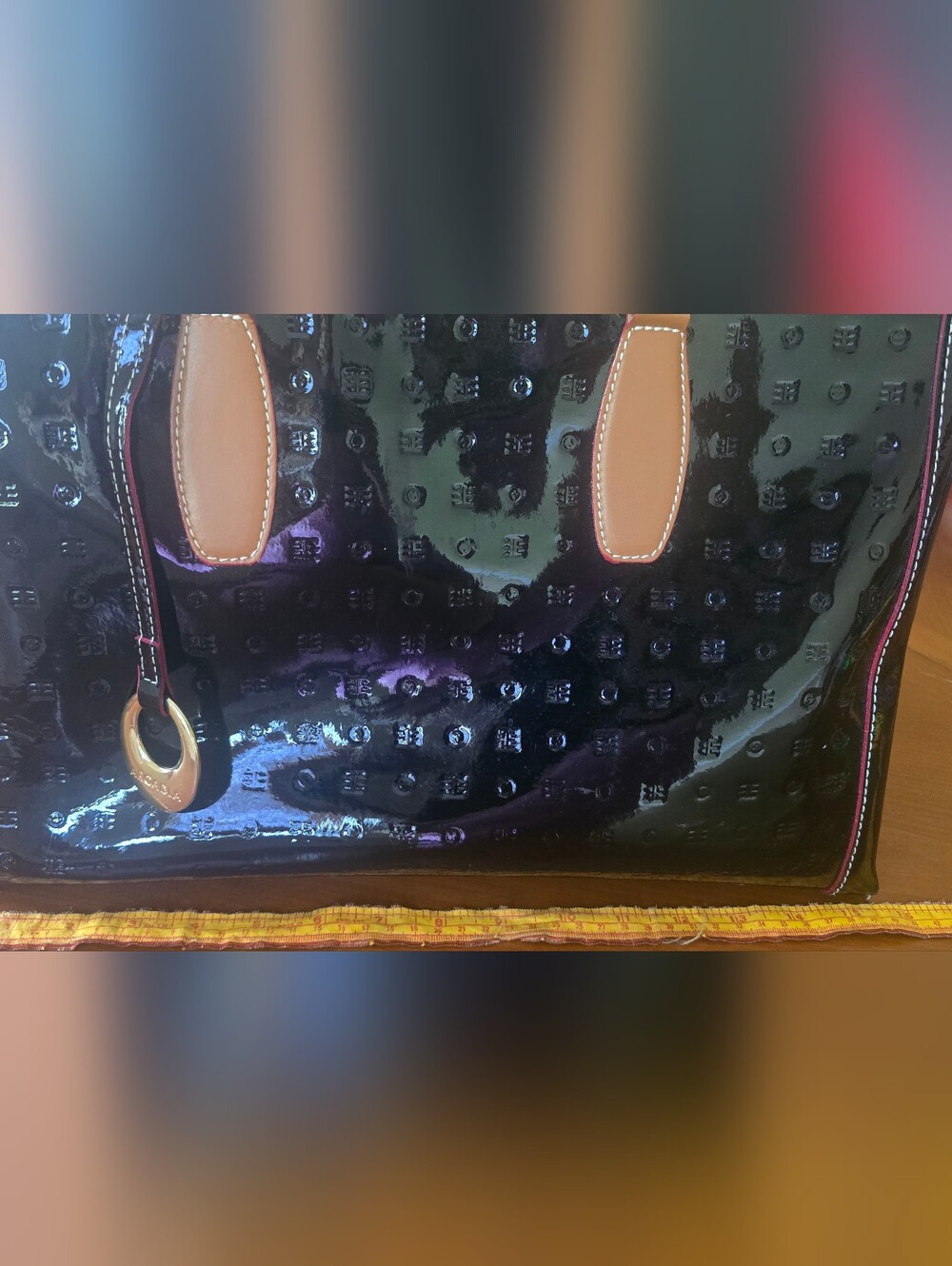 Leather - Italian Patent Tote Bag w/Tan Red Accents, Double Strap, Structured - Picture 12 of 12